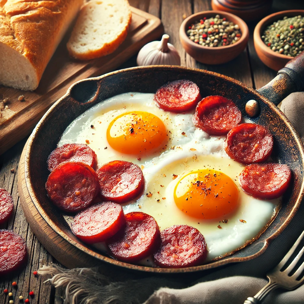 DALL·E 2024-08-26 09.01.40 - A traditional Turkish breakfast dish, Sucuklu Yumurta, featuring fried sucuk (a type of sausage similar to salami) and eggs. The dish shows two sunny-